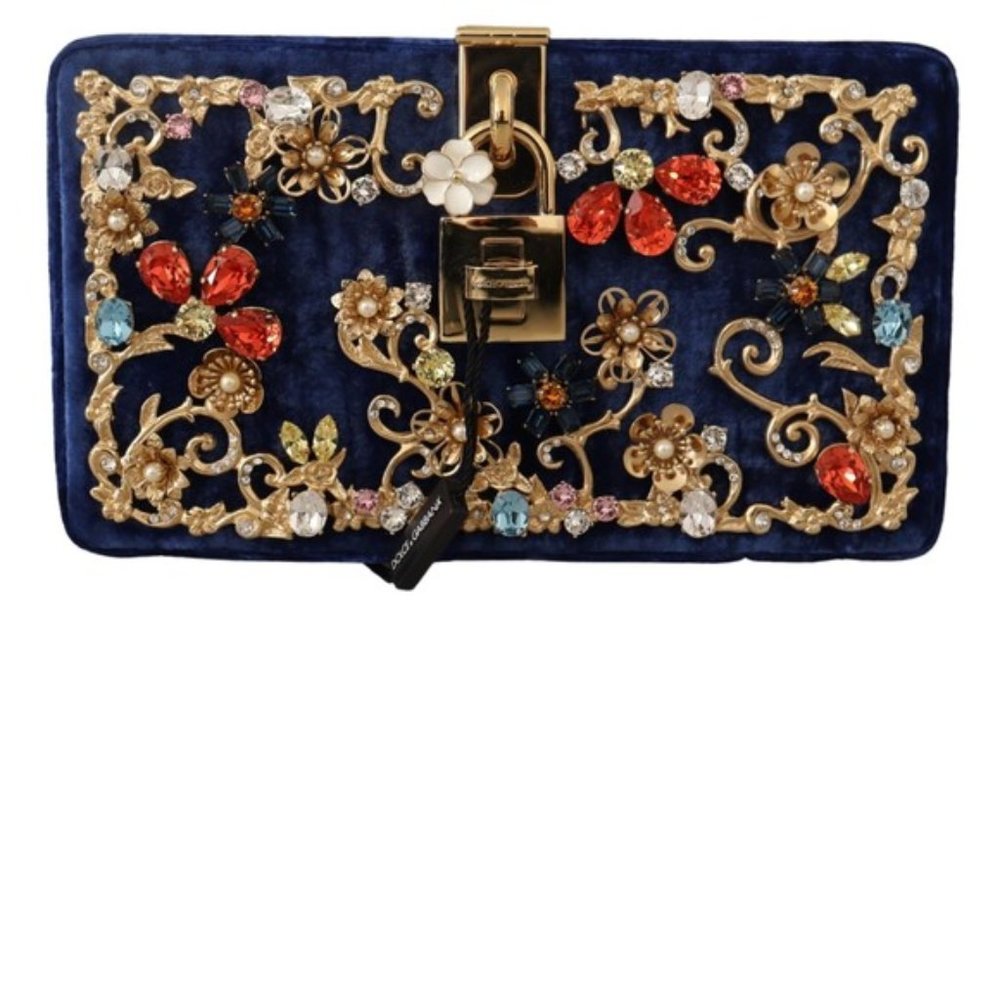 New Dolce & Gabbana Blue Velvet Crystals Evening Party Clutch Bag BOX